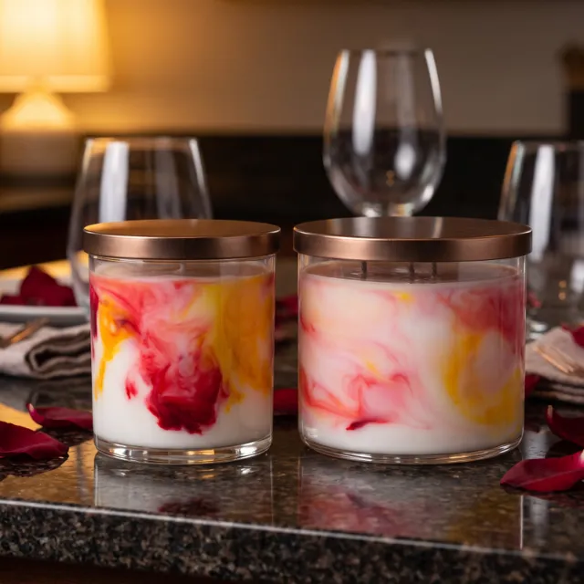 Two hand-marbled Doors at 7 candles on a dinner table
